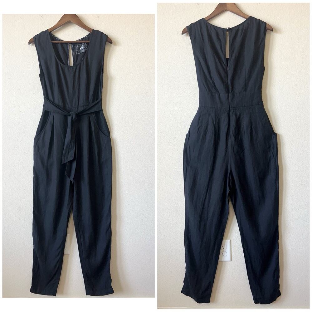 Anthropologie Maeve 8 Black Linen Blend Jumpsuit Tie Waist Pockets Sleeveless - Picture 2 of 9